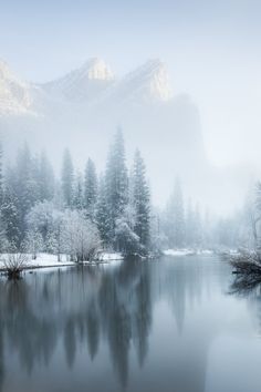 a lake surrounded by snow covered mountains and evergreen trees in the foreground with fog