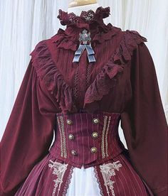 Surface Spell: Unfinished Book Blouse in Dark Red Dark Red Victorian Dress, Clementine Outfit, Uv Outfit, Red Dark Academia, Macbeth Costumes, Blood Red Dress, Red Victorian Dress, Casual Fantasy Clothing, Dark Red Suit