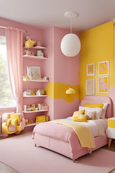 a bedroom decorated in pink and yellow colors