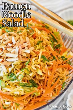 Ramen noodle salad with carrots, coleslaw vegetables, and toasted slivered almonds in a clear bowl. Teriyaki Salad Dressing, Teriyaki Salad, Teriyaki Dressing, Favorite Pasta Salad, Asian Salads, Asian Cuisine Recipes, Asian Ramen, Shrimp Ramen, Asian Noodle Salad