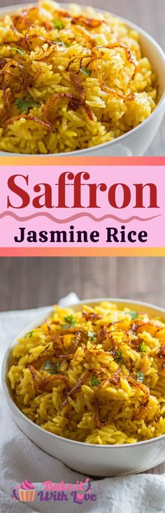 saffron rice in a white bowl on top of a table with the words saffron jasmine rice