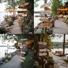 several pictures of wooden signs on the side of a lake