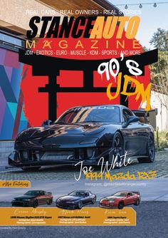 the front cover of stance auto magazine featuring an image of a sports car and three other cars