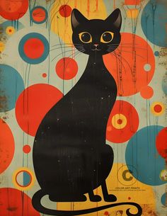 a painting of a black cat sitting on top of a wooden board with circles around it