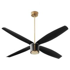 a ceiling fan with three black blades and a light fixture on the top of it