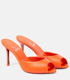 Me Dolly 85 leather mules in orange - Christian Louboutin | Mytheresa Me Dolly Louboutin, Louboutin Me Dolly, Orange Heels, Shoes Heels Classy, Red Louboutin, Mid Heel Sandals, Orange Shoes, Louboutin Heels, Heels Classy