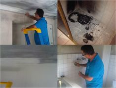 a man in blue shirt using a yellow chair to clean the walls and flooring