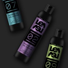 three different types of hair products on a black background, one is purple and the other is green