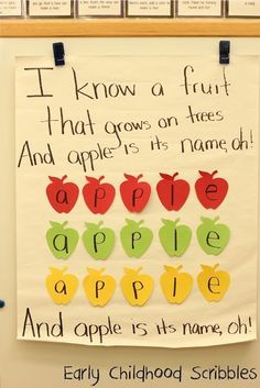 a bulletin board with apples and words on it