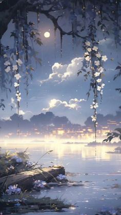 the moon is shining in the night sky over water with flowers hanging from it's branches