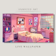 an animated art bedroom with pink walls and furniture, including a small bed in the corner