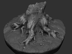 a 3d image of a tree stump with its roots exposed and water droplets on the ground