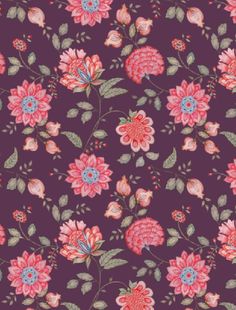 a purple background with pink flowers and green leaves on the bottom right hand corner,