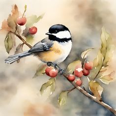 a watercolor painting of a bird on a branch with berries