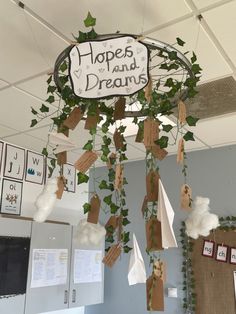 there is a sign that says hopes and dreams hanging from the ceiling in an office