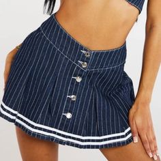 Jaded London Pinstripe Denim Cheerleader Skirt Color:Blue Size:Us 2 Trendy Pinstripe Bottoms For Summer, Trendy Pinstripe Summer Bottoms, Fitted Striped Skort With Pleated Skirt, Striped Mini Skort For Spring, Fitted Bottoms With Striped Hem For Summer, Spring Striped Mini Skort, Fitted Bottoms With Striped Hem For Spring, Fitted Vertical Stripes Mini Skirt, Casual Striped Mini Skort