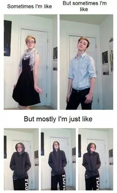 four different pictures of a person in front of a door