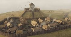 an artist's rendering of a medieval village