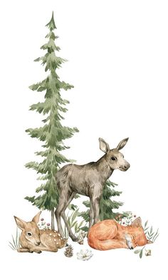 two deers and an antelope in front of a pine tree with berries on the ground