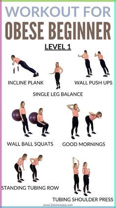 an exercise poster with the words workout for obese beginner level 1, including exercises and