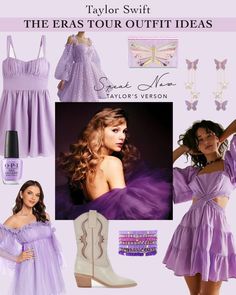 a woman in purple dress and boots next to other items with words that say, taylor swift