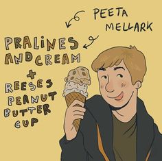 a drawing of a man eating an ice cream cone with the words pralies and cream below it