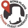 the logo for bons plans voyage quest america, with a red marker pointing to the right