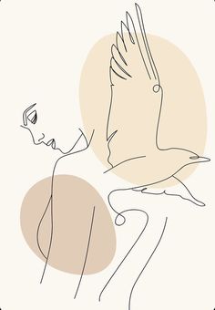 a line drawing of a bird flying over a woman's head with her eyes closed