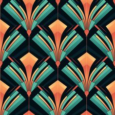 an art deco wallpaper design in orange, blue and green