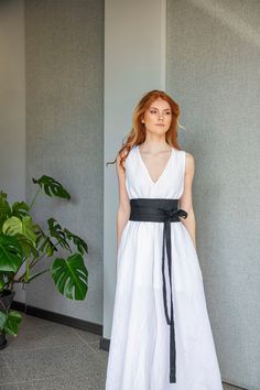 "Linen Obi Belt, Linen Dress Belt, Wide Linen Belt ♠ Casual style with extravagant touch and ideal for your provocative nature. The delicately crafted pieces from natural materials will embrace your body in a perfect fit. Dare to be Visible! ♠ Sizes My body Size Chart is available below. ** Custom Orders For any changes or adjustments you may need, please contact us before making a purchase. The amount of the additional payment depends on the type of customization requested. Please allow additional time for custom sized orders. Please note that we cannot accept returns or exchange for customized items. During periods of high order volume, sale campaigns and any type of promotions, we are not able to make custom orders. Custom orders and pieces on SALE can't be returned  or exchanged.  Plea Linen Dress With Belt, Fitted V-neck Dress With Sashes, Spring Sleeveless Dress With Sashes, Elegant Summer Dress With Sashes, Fitted Linen Dress With Tie Waist, Sleeveless Summer Dress With Sashes, Fitted Summer Dresses With Sashes, White Summer Dresses With Sashes, Summer White Dresses With Sashes