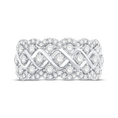 a white gold ring with diamonds in the middle and an intertwined design on top