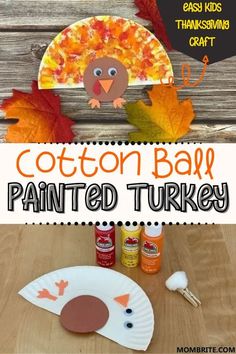 a paper plate turkey craft with the words cotton ball painted on it and some fall leaves