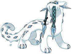 a drawing of a white dragon with blue eyes and sharp claws on it's back legs