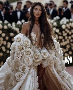 a woman in a white dress with flowers on it's chest and long hair