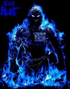 the new york giants logo is shown in blue flames on a black background with an image of a football player