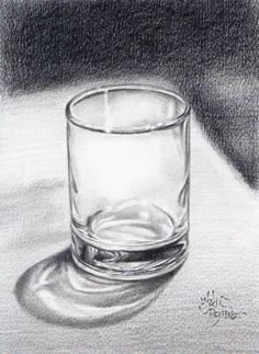 a pencil drawing of a glass on a table