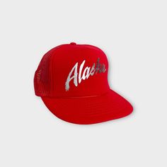 New Without Tags, Vintage Alaska Trucker Hat, 1990's One Size Lightweight mesh construction, red colorway, silver foil print graphic at front, brand new deadstock condition. Silver Foil Print, Mens Hats Vintage, Green Baseball Cap, Vintage Alaska, Silver Foil Printing, Vintage Trucker Hats, New Era Fitted, Vintage Florida, Print Graphic