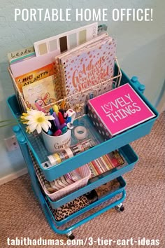 a blue cart filled with lots of books on top of a carpeted floor next to a wall