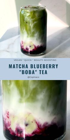 two jars filled with liquid sitting on top of a white counter next to the words matcha blueberry boba tea