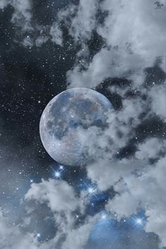 an image of the moon in the sky with clouds and stars around it, as if from outer space