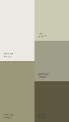 four different shades of gray and green with the words white tea on them in black