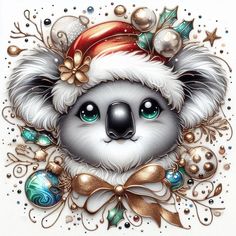 a drawing of a koala bear wearing a santa hat with christmas decorations around it