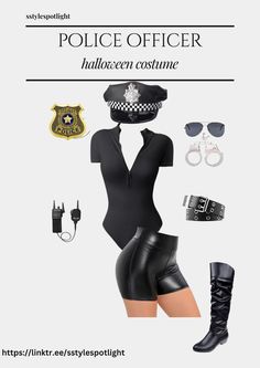 an image of a police officer costume with accessories on the front and back, all in black