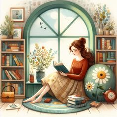 a painting of a woman reading a book in front of a window with flowers and books on the floor