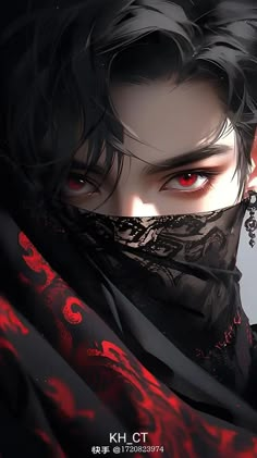 an anime character with red eyes and black hair wearing a scarf over his face,