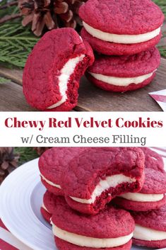 red velvet cookies with cream cheese filling are stacked on top of each other and have been cut in half