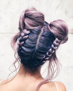 Loving my new braided double buns ✨ Lucky to be working with such incredible artists with so much skill and passion for what they do! ⚡️ - : @mojkahair / @michelletonglove Hair Braid Bun Tutorial, Space Buns, Hair Bun Tutorial, Cute Braided Hairstyles, Braided Bun, Diy Hair, Purple Hair, Gorgeous Hair, Hair Styling