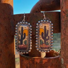 Scene Earrings, Cute Desert, Cupid Valentine, Western Cactus, Cactus Jewelry, Desert Scene, Cactus Earrings, Western Earrings, Fish Hook Earrings