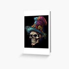 a skull wearing a witches hat with skulls on it's head greeting card by artmage