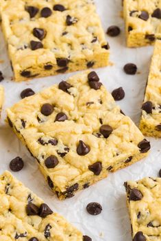 chocolate chip cookie bars on parchment paper lined up